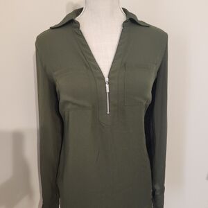 New York & Company Olive Green Zip-Up Women's Shirt